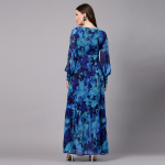 Abstract Printed Sweetheart Neck Cuffed Sleeves Gathered Tiered Georgette Maxi Dress